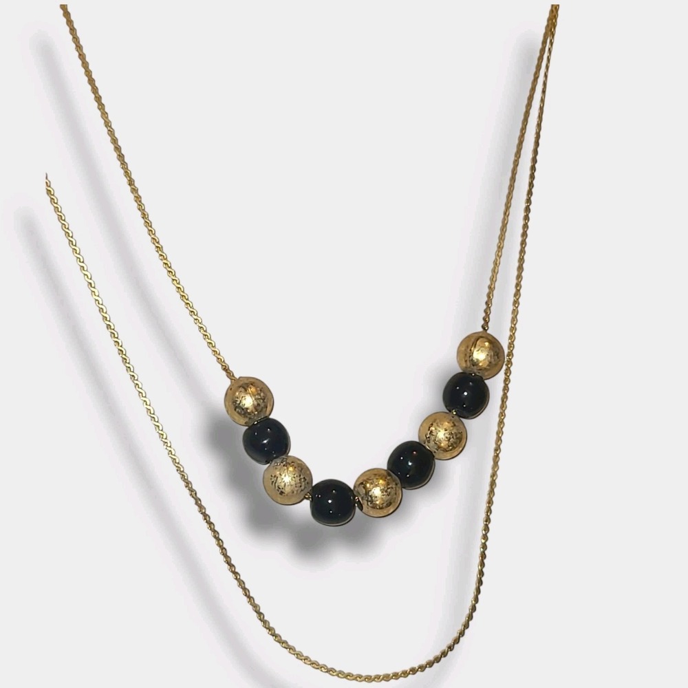 Dainty Minimalist Gold Tone & Black 2 Strand Layered Beaded Necklace 24" - Picture 6 of 7